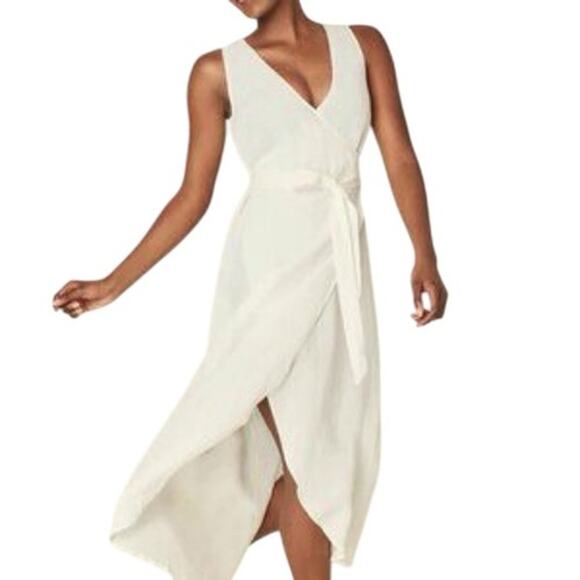 NWT Andie Swim Linen Blend Maxi Wrap Dress, Sz L, V Neck White Resort Vacation - Picture 3 of 9